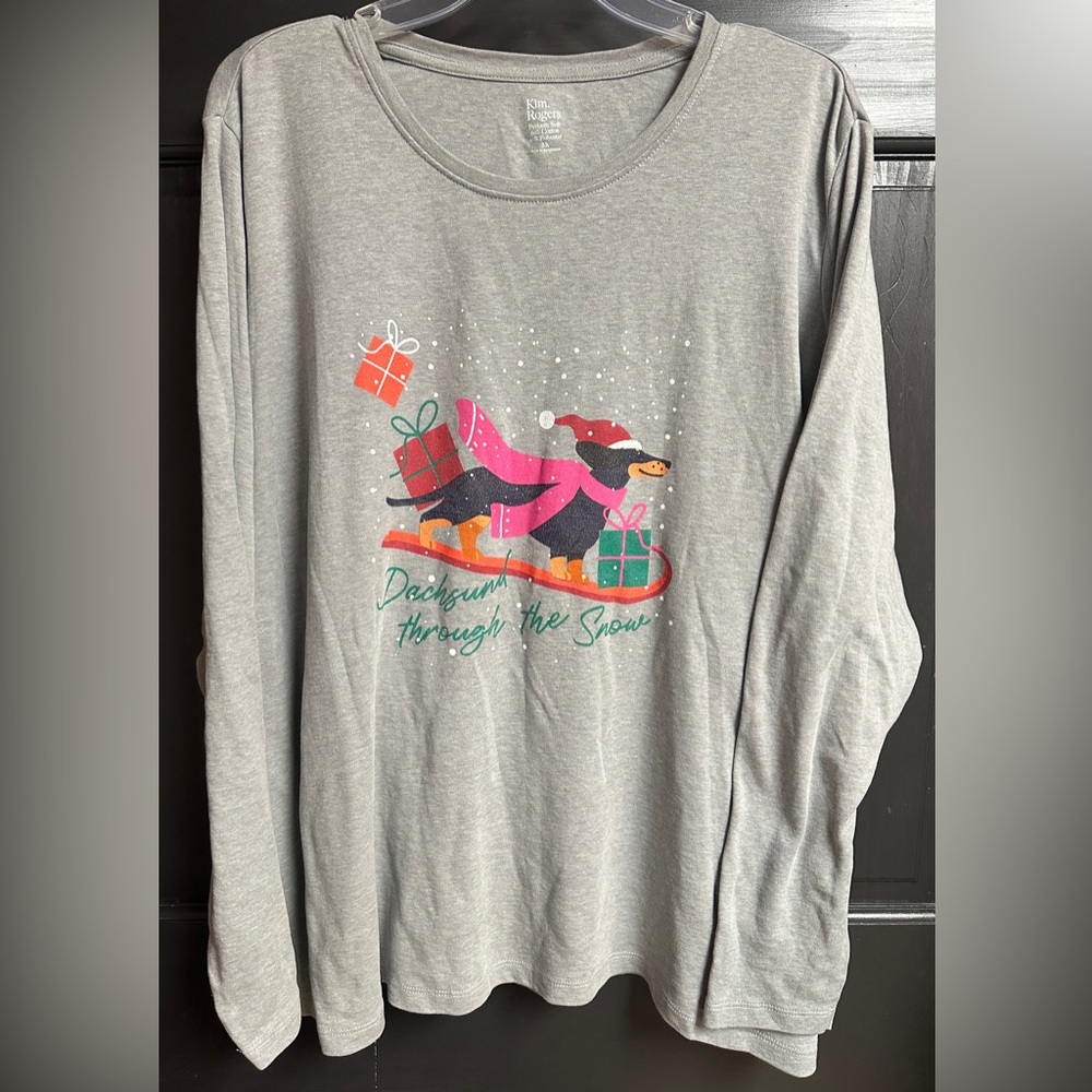 Kim Rogers Gray Long Sleeve Christmas  Dachsund Graphic Tshirt Women’s Size 3X